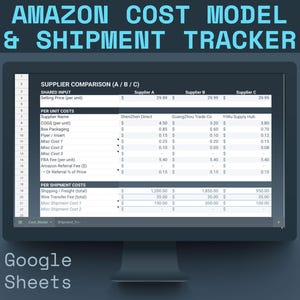 May include: A computer monitor displays a spreadsheet titled "AMAZON COST MODEL & SHIPMENT TRACKER." The spreadsheet compares suppliers A, B, and C, detailing per-unit and per-shipment costs. The Google Sheets logo is visible at the bottom.