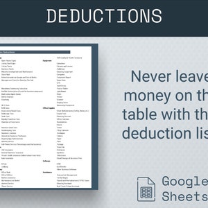 Puede incluir: Una hoja de papel blanca con una lista de deducciones comunes para aut&oacute;nomos. La lista est&aacute; organizada por categor&iacute;a, como marketing, equipo, suministros de oficina, software y asistencia. El texto "Nunca dejes dinero sobre la mesa con esta lista de deducciones." est&aacute; escrito en negro sobre un fondo gris claro. El logotipo de Google Sheets est&aacute; en la esquina inferior derecha.
