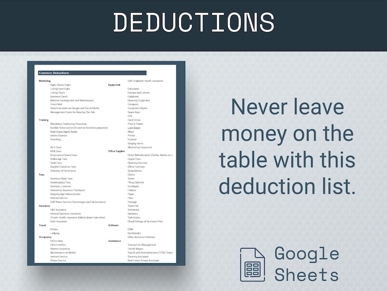 Puede incluir: Una hoja de papel blanca con una lista de deducciones comunes para aut&oacute;nomos. La lista est&aacute; organizada por categor&iacute;a, como marketing, equipo, suministros de oficina, software y asistencia. El texto "Nunca dejes dinero sobre la mesa con esta lista de deducciones." est&aacute; escrito en negro sobre un fondo gris claro. El logotipo de Google Sheets est&aacute; en la esquina inferior derecha.