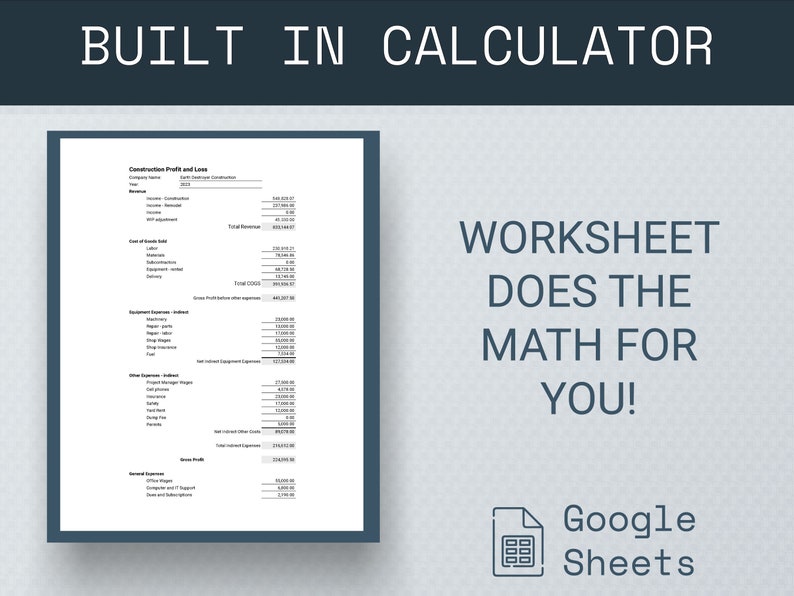 Construction Company Profit And Loss Statement, Profit And Loss Template Google Sheets, Bookkeeping Template, Income Statement Template image 3