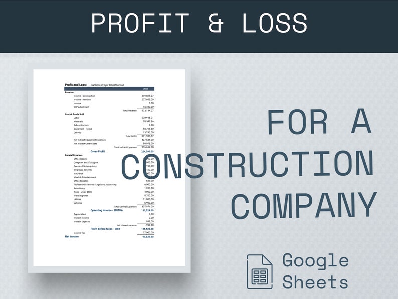 Construction Company Profit And Loss Statement, Profit And Loss Template Google Sheets, Bookkeeping Template, Income Statement Template image 1