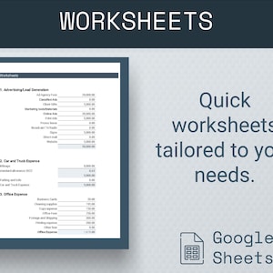 Puede incluir: Una captura de pantalla de una hoja de c&aacute;lculo de Google Sheets con el t&iacute;tulo "Worksheets". La hoja de c&aacute;lculo contiene tres secciones: "Generaci&oacute;n de clientes potenciales de publicidad", "Gastos de autom&oacute;vil y cami&oacute;n" y "Gastos de oficina". Cada secci&oacute;n tiene una lista de art&iacute;culos con los costos correspondientes.