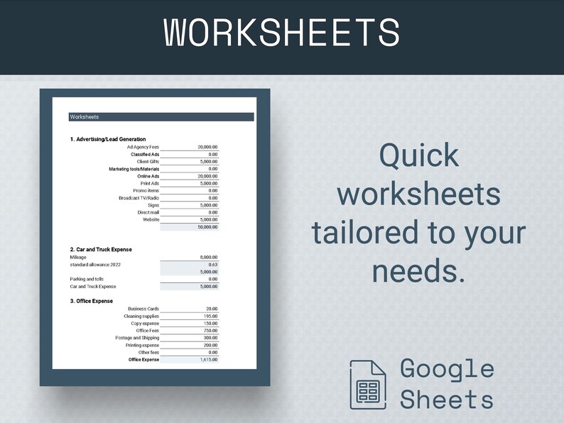 Puede incluir: Una captura de pantalla de una hoja de c&aacute;lculo de Google Sheets con el t&iacute;tulo "Worksheets". La hoja de c&aacute;lculo contiene tres secciones: "Generaci&oacute;n de clientes potenciales de publicidad", "Gastos de autom&oacute;vil y cami&oacute;n" y "Gastos de oficina". Cada secci&oacute;n tiene una lista de art&iacute;culos con los costos correspondientes.