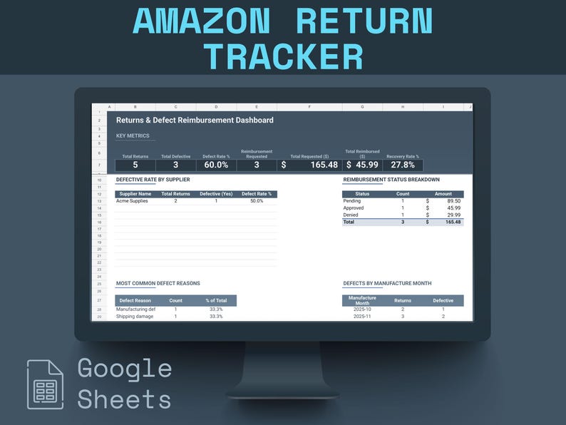 Amazon Return Tracker | FBA Defect & Reimbursement Log | Supplier Quality Tracer | Amazon Seller Spreadsheet bild 1