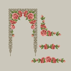 May include: A set of four floral embroidery designs featuring pink roses and green leaves. The designs are perfect for adding a touch of elegance to any project.