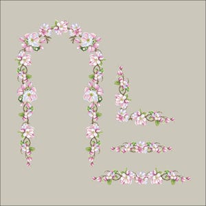 Puede incluir: Un conjunto de cuatro bordes florales con flores rosas y blancas. Los bordes son perfectos para agregar un toque de primavera a cualquier proyecto.