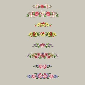Puede incluir: Una colección de diseños de bordes florales en varios colores, incluyendo rojo, rosa, amarillo y morado. Cada diseño presenta flores y follaje detallados al estilo acuarela, dispuestos en bandas horizontales sobre un fondo neutro.