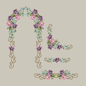 May include: A floral archway design with pink and purple flowers, blue accents, and brown curly vines. The design is perfect for embroidery or cross-stitch projects.