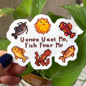 Stardew Valley Frauen wollen mich, Fische fürchten mich Aufkleber / SDV Angeln / lustige Gamer gestanzte Aufkleber für Laptop Wasserflasche wasserdichtes Vinyl