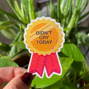 May include: A gold glitter sticker with a red ribbon. The sticker says "Didn't Cry Today" and "Good Job" on the ribbon.