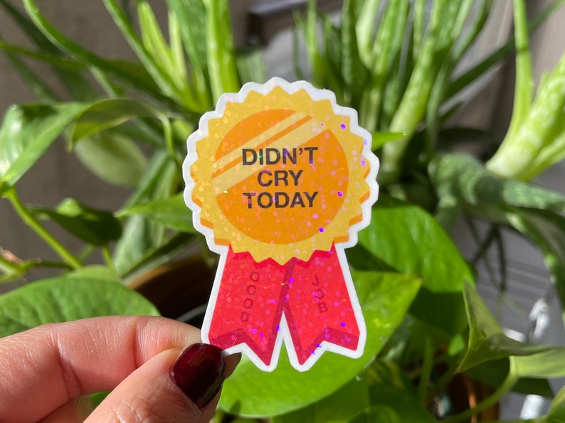 May include: A gold glitter sticker with a red ribbon. The sticker says "Didn't Cry Today" and "Good Job" on the ribbon.