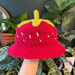 PATTERN Crochet Strawberry Hat || PDF Digital Download Only || Berry Bucket Hat Accessory Cute Kawaii Cottagecore Instructions Knit Fruit