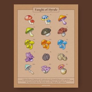 Legend of Zelda Mushrooms Hyrule Compendium Art Print 8.5x11 / Hyrulian Encyclopedia Poster / BOTW TOTK Gift Gamer Illustration Video Games