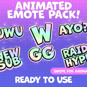 Animated Holographic Emote Pack  | Ready to Download | Text Emotes | Emote Bundle Uwu emote, W, uwu, gg, Ayo, New Sub, Raid Hype