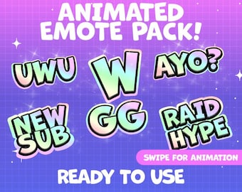 Animated Holographic Emote Pack  | Ready to Download | Text Emotes | Emote Bundle Uwu emote, W, uwu, gg, Ayo, New Sub, Raid Hype