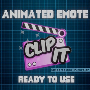 May include: Animated emote with a purple clapperboard with the text "CLIP IT" in white and gray letters. The text "Animated Emote" is at the top of the image and the text "Ready to Use" is at the bottom of the image. The background is a blue grid.