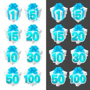 Könnte beinhalten: Ein Satz von zehn weißen Geschenkboxen mit blauen Schleifen und den Zahlen 1, 5, 10, 15, 20, 30, 50 und 100 darauf.