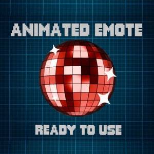Puede incluir: Emoticono animado de bola de discoteca con una superficie de espejo rojo y destellos blancos. El texto "ANIMATED EMOTE" y "READY TO USE" se muestra en una fuente pixelada.