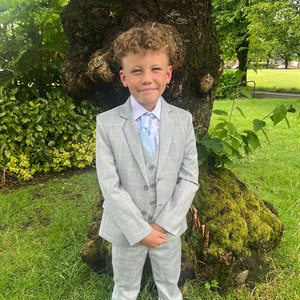 Boys 5 piece grey with blue check suit page boy prom formal wear party