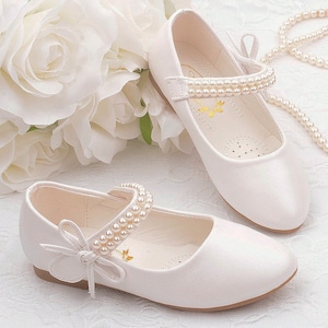 Girls white flat flower girl shoes wedding day bride to be flower girl