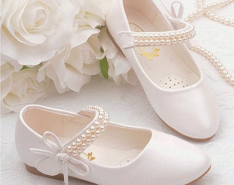 Girls white flat flower girl shoes wedding day bride to be flower girl