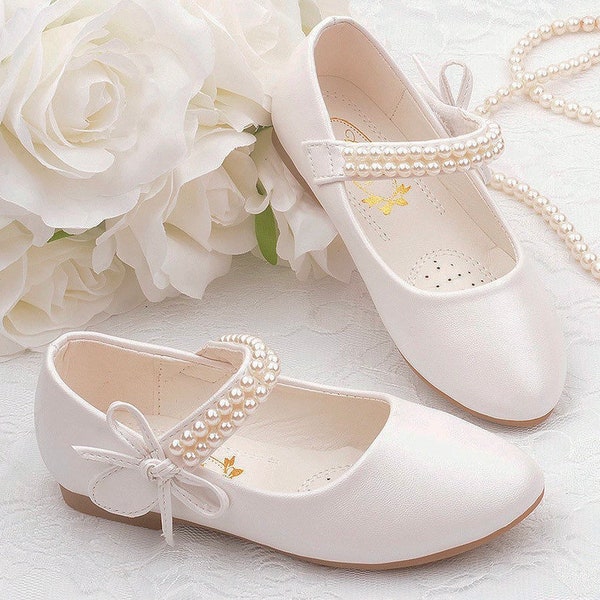 Girls white flat flower girl shoes wedding day bride to be flower girl