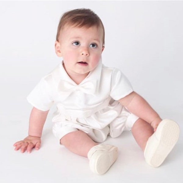 Boys satin look ivory christening suits with matching jacket formal wear baptism special occasions