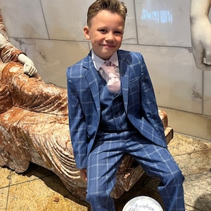 NEW Boys blue 5 pc checked suit with pink tie wedding day page party all occasions