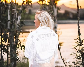 White fringe Bride personalised Denim jacket custom Bride jean jacket wedding day jacket Bridal engagement gift cow girl Bachelorette