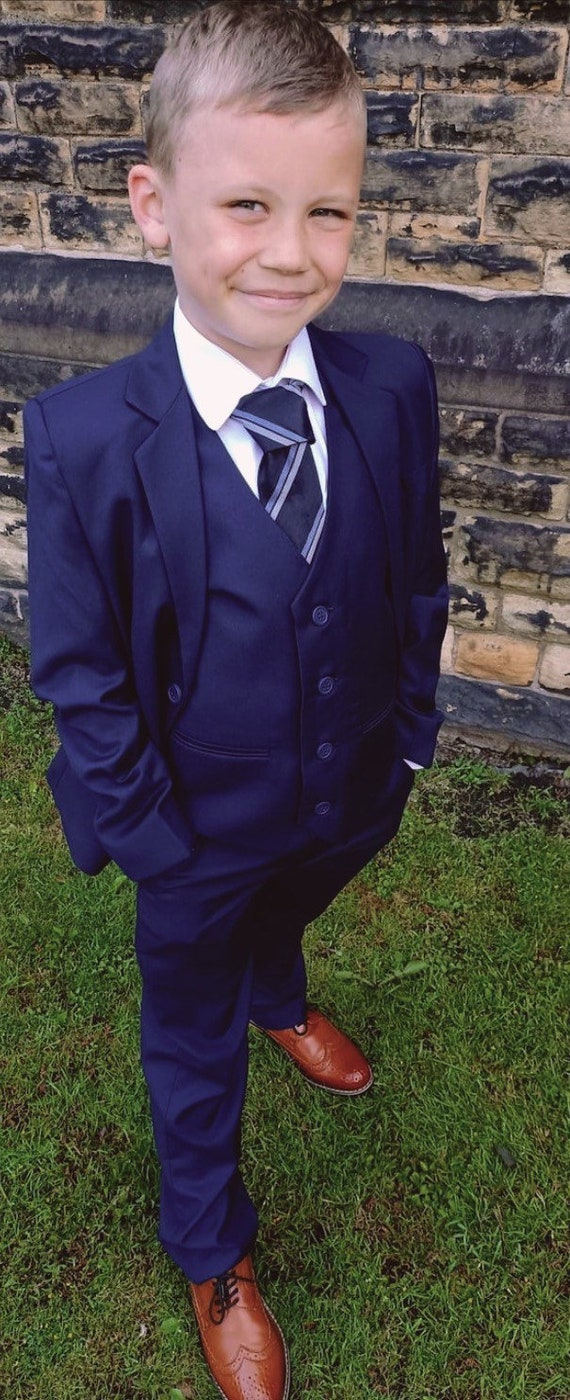 Boys 5-Piece Formal Suit Set - Navy Blue Slim Fit Dresswear With Jacket, Vest, Pants, Shirt & Tie
