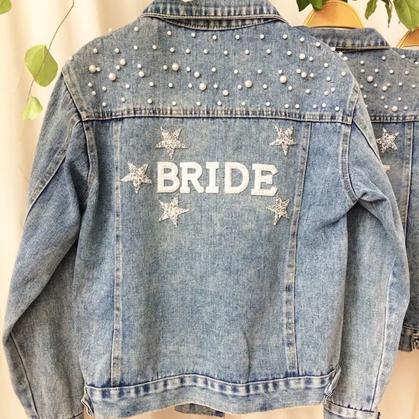 Blue Denim Bride personalised Denim jacket custom Bride jean jacket wedding day jacket Bridal engagement gift Bachelorette