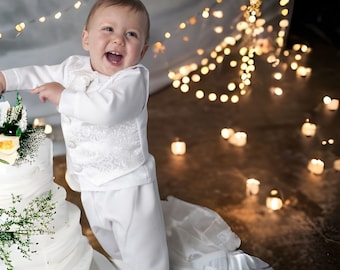 Baby Boy White All-in-One Suit | Wedding & Christening Outfit | Long Sleeve Snap Closure | 100% Cotton