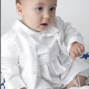 Boys christening suits in white, satin look with matching jacket special occasions baptism formal wear