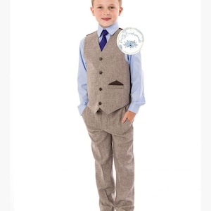 Boys 4 piece Brown Herringbone Tweed suit wedding page boy prom all occasions