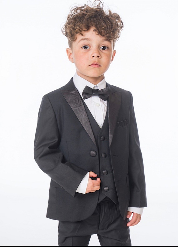 Boys Black Tuxedo 5 Piece Suit Etsy UK