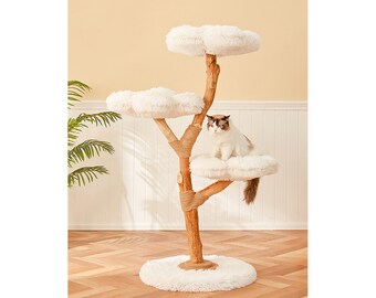 Wood Plush Cat Climbing Tree, Luxury White Flannel Cat Tree Tower, Modern Cozy Cat Tree, Cute Cat Furniture, Handmade Cat Lover's Gift