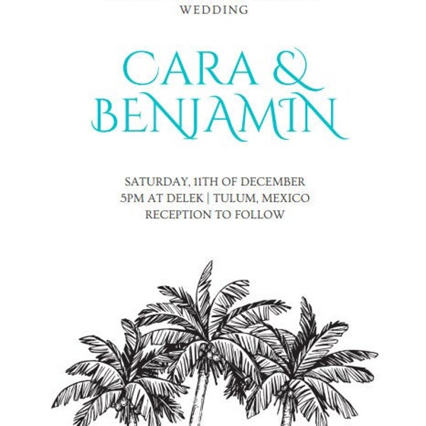 wedding invitation, beach invitation, palm tree invitation