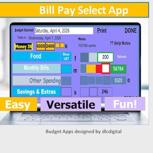 Op de afbeelding: Een laptopscherm toont de interface van de Bill Pay Select App met een lichtpaarse achtergrond. Het dashboard bevat categorieën zoals Food, Monthly Bills, Other Spending en Savings & Extras, met invoervelden, numerieke gegevens en labels.