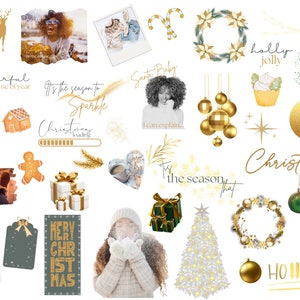 May include: A collection of digital Christmas themed stickers featuring illustrations of a Christmas tree, ornaments, candy canes, a gingerbread house, a cupcake, a wreath, a Santa hat, a reindeer, a gift box, a woman with a Santa hat, and the text "It's the season to sparkle", "Santa Baby", "Holly Jolly", "Tis the season that...", "Christmas", and "Ho Ho Ho!"