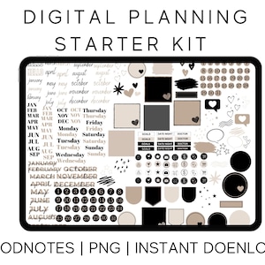 May include: Digital planning starter kit with a variety of digital stickers, calendars, and templates. The design includes neutral colors, hearts, and speech bubbles. The text includes months, days, and the words "Goals", "Date Night", and "Doctor".