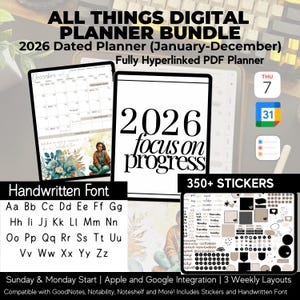 May include: Digital planner bundle for 2026, featuring a dated planner, stickers, and a handwritten font. The planner includes a calendar view for December and the text "2026 focus on progress". The bundle is compatible with GoodNotes, Notability, and Noteshelf.