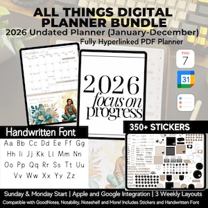 May include: Digital planner bundle with the text "ALL THINGS DIGITAL PLANNER BUNDLE" and "2026 Undated Planner". The image includes a calendar, handwritten font examples, and over 350 stickers. The planner is compatible with GoodNotes, Notability, and Noteshelf.