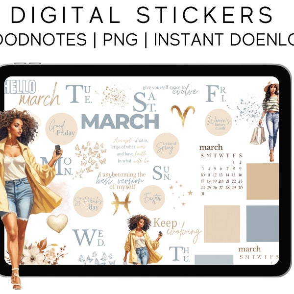 März Stickers 2024 | Digitale Planer Aufkleber Motivation | Vorgeschnittene Goodnotes und PNG Digital Planner Sticker - Clipart