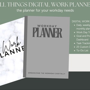 May include: A digital planner with a gray cover and the text "WORKDAY PLANNER" in black. The planner is designed to help organize your workday and includes features such as daily, weekly, and monthly planning, work day templates, goal and project dashboards, task tracking, 25 custom dividers, and a to-do list.