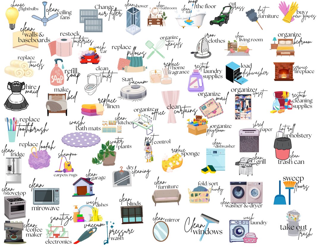 Household Stickers Spring Cleaning Everyday Basic Digital Planner ...