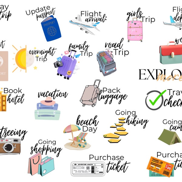 Travel Icon Digital Planner Stickers | Travel Stickers |Pre-Cropped Goodnotes and PNG Digital Planner Stickers - Clipart