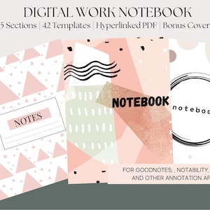 May include: Three digital notebook covers with different geometric patterns. The covers are pink, white, and green with black accents. The text on the covers reads "NOTES", "NOTEBOOK", and "notebook". The text at the bottom of the image reads "FOR GOODNOTES, NOTABILITY, XODO, AND OTHER ANNOTATION APPS".