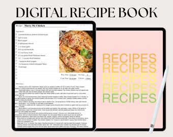 May include: A digital recipe book with a recipe for Marry Me Chicken. The recipe includes ingredients like chicken breasts, garlic, sun-dried tomatoes, and heavy cream. The recipe is displayed on a tablet with a pink background and the word "RECIPES" repeated five times in a gradient of yellow, orange, and green.