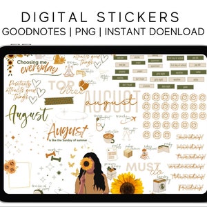 May include: Digital stickers for Goodnotes featuring a variety of August-themed designs, including sunflowers, hearts, stars, and the text "Choosing me everyday" and "August is like the Sunday of summer".