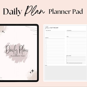 Könnte beinhalten: Ein digitales Tablet zeigt einen täglichen Planerblock mit einem abstrakten Design in Rosa und Weiß. Der Text "Daily Plan Planner Pad" wird oben auf dem Bildschirm angezeigt. Die Planerseite enthält Abschnitte für tägliche Prioritäten, Zeitplan, Mahlzeiten und Wasser sowie Notizen.
